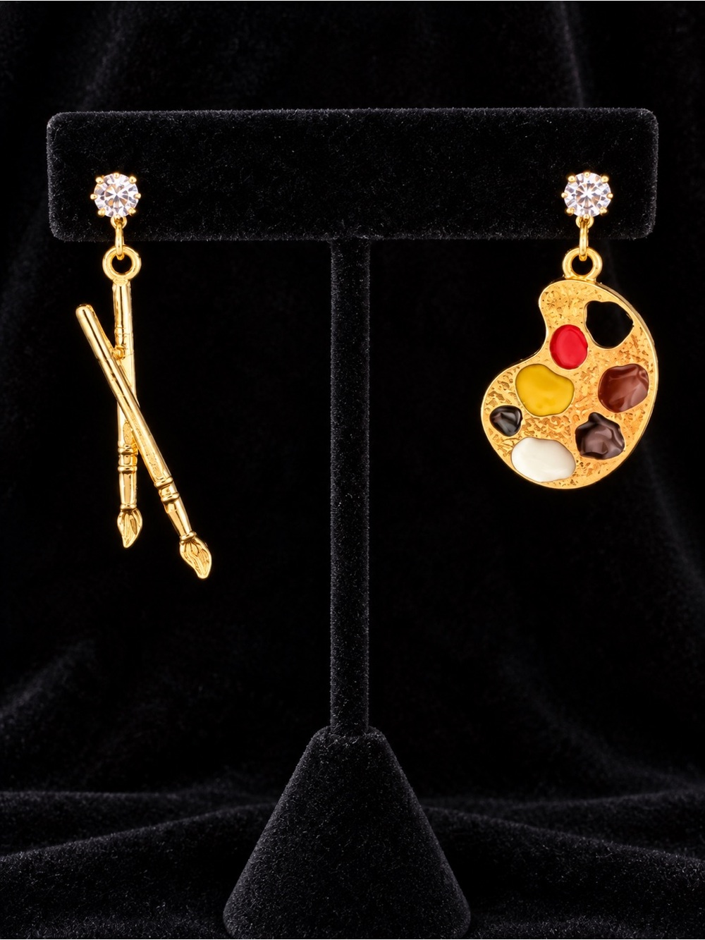 Gold and Multicolor Artist Palette & Brush Asymmetric Drop Earrings